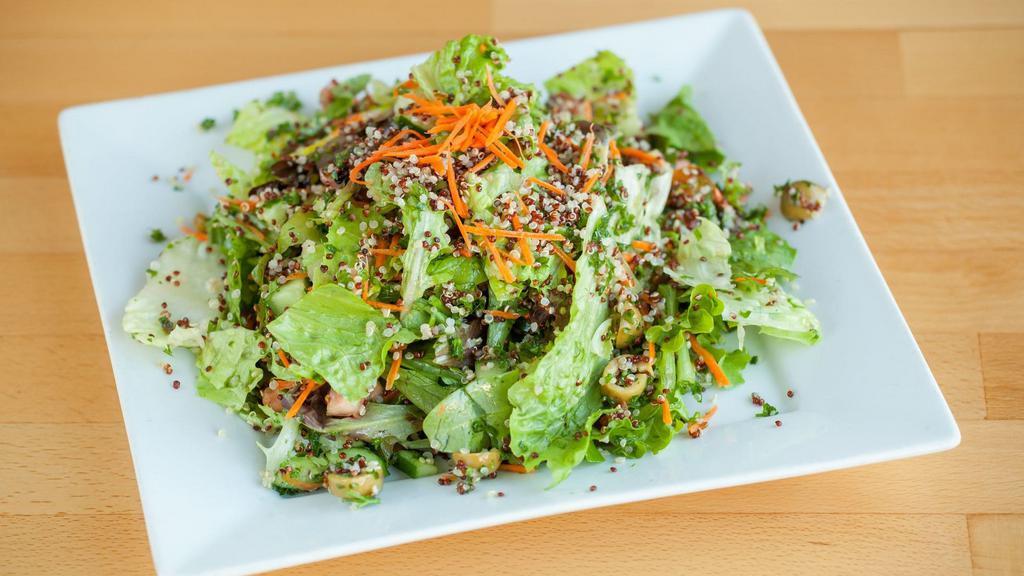 Organic Quinoa · Vegetarian. Organic quinoa cooked in veggie stock mix with green mix, Romaine lettuce, cucumber, tomato, olive, carrots, with special balsamic dressing.