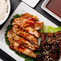 Kabuki Deluxe · chicken teriyaki, BBQ beef ribs, shrimp and vegetable tempura, California roll (3 pcs).
