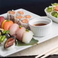 Lunch Sushi Moriawase · tuna, salmon, yellowtail, shrimp, albacore, with California or spicy tuna roll (6 pcs).