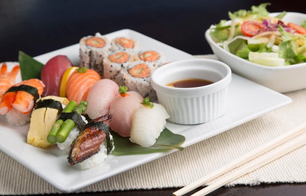 Lunch Sushi Moriawase · tuna, salmon, yellowtail, shrimp, albacore, with California or spicy tuna roll (6 pcs).