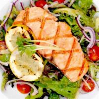 Grilled Salmon Salad · salmon, arcadian mix, cherry tomatoes, grilled lemon slices with lemon mustard dressing