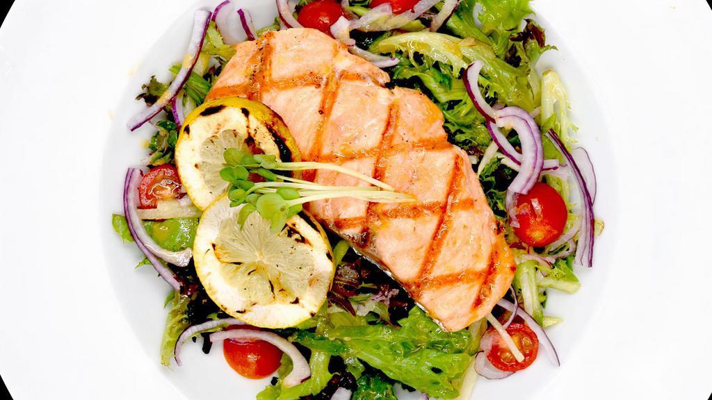 Grilled Salmon Salad · salmon, arcadian mix, cherry tomatoes, grilled lemon slices with lemon mustard dressing