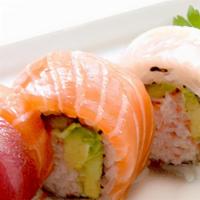 Rainbow Roll · tuna, salmon, yellowtail, white fish, shrimp, avocado, California roll.