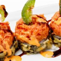 Lava Roll · salmon, cream cheese, spicy tuna, krab, avocado, deep‐fried jalapeños, spicy mayo, eel sauce.