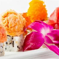 Kabuki Roll · spicy crunch roll tuna, salmon, yellowtail, spicy albacore, spicy tuna, smelt egg, salmon eg...