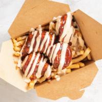 Bbq | Jaguar Chicken Fries · Favorite. Box of seasoned fries topped with four deep fried chicken chunks crossed with our ...