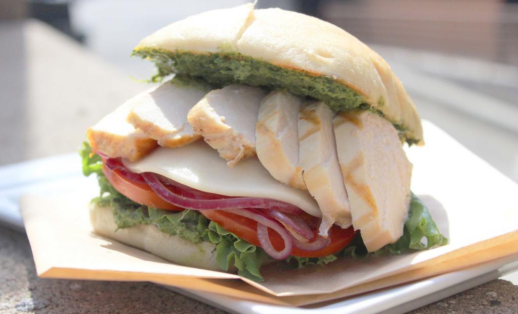 Grilled Chicken Pesto · Organic Chicken, Organic Caramelized Onion, Natural Provolone Cheese, Organic Lettuce, Organic Tomato, Pesto Sauce, Organic Mayonaise, on Ciabatta roll. Whole.