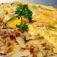Denver Omelette Breakfast · Includes 3 eggs, ham, bell pepper, onions, shredded jack/cheddar mix (inside), american chee...