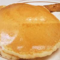 Pancake Combo · Served with 2 hot cakes, 2 eggs any style and choice of 2 bacon, 2 sausage or ham