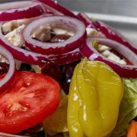 Greek Salad · Romaine and Iceberg lettuce mix, tomato, cucumber, pepperoncini, red onion, kalamata olives ...