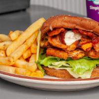 Chicken Club Sandwich · Charbroiled chicken breast, mayo, lettuce, tomato, bacon, swiss cheese. on honey wheat bun.
