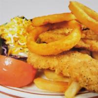 5 Piece Chicken Strips Dinner · French Fries, Onion Rings (3), Dinner salad, choice of dressing