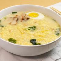 Tonkotsu Ramen · pork based soup with pork chashu, egg, seaweed and green onion, bean sprouts.