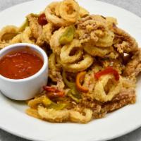 Calamari Fritto Misto · Lightly breaded, tri-colored peppers, cherry peppers, pickled lemon, and marinara.