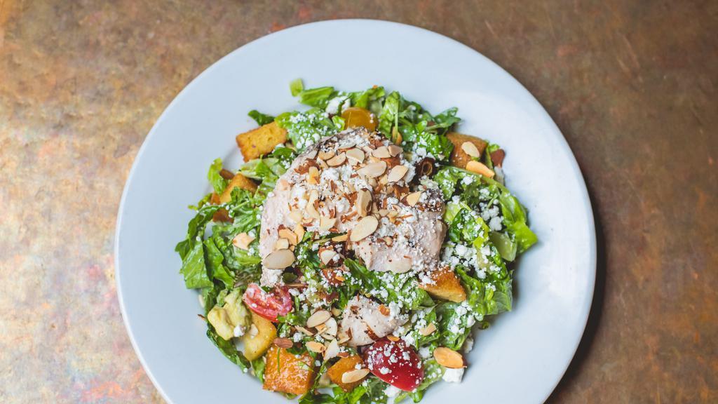 Farmer’S Market Salad · A paesanos favorite. Grilled chicken, sweet corn, grape tomatoes, diced avocado, crumbled goat cheese, dates, sliced almonds and cornbread croutons in a tarragon dressing.