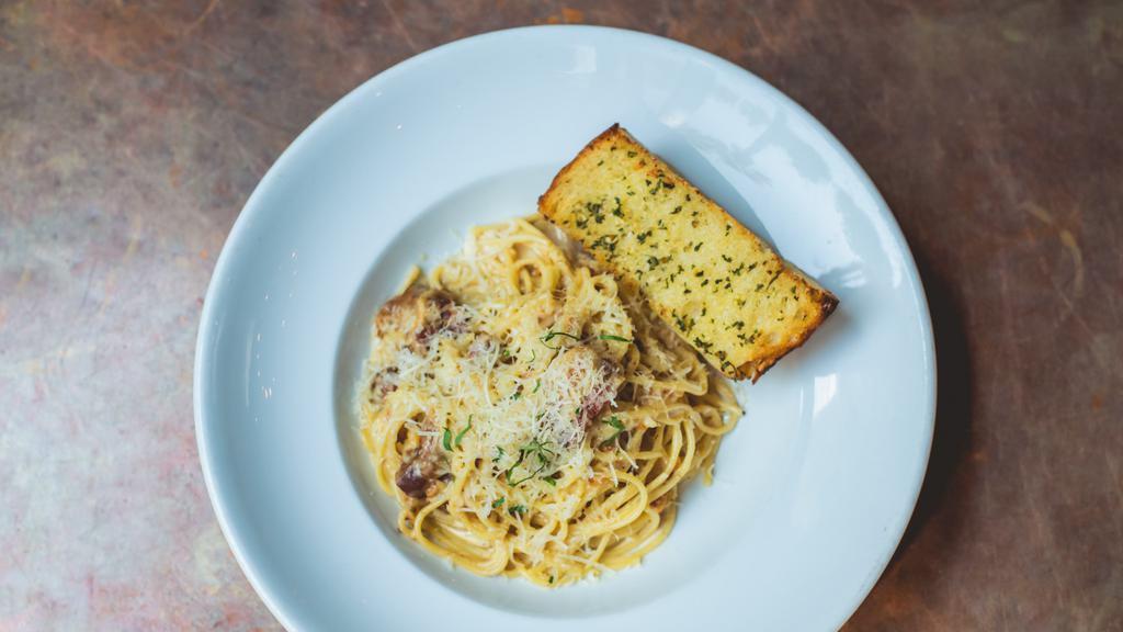 *Carbonara (Gluten Intolerant) · Gluten free spaghetti with smoked bacon, cracked black pepper, garlic, cream and Parmesan. With gluten free baguette.