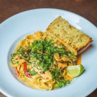 *Arrostiti (Gluten Intolerant) · Gluten free spaghetti with  blackened chicken, pasilla chilies and red bell peppers in a spi...