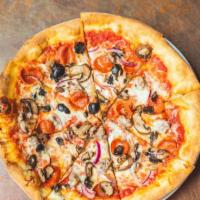 Paesanos Combination · Red sauce, pepperoni, Italian sausage, sauteed mushrooms, black olives, red onions and mozza...