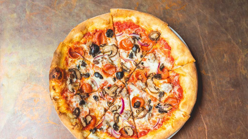 *Paesanos Combination Pizza (Gluten Intolerant) · Red sauce, pepperoni, Italian sausage, sauteed mushrooms, black olives, red onions and mozzarella.