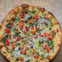 *Greek Pizza (Gluten Intolerant) · Fire roasted artichokes, garlic, roasted peppers, spinach, red onions, black olives, feta, m...