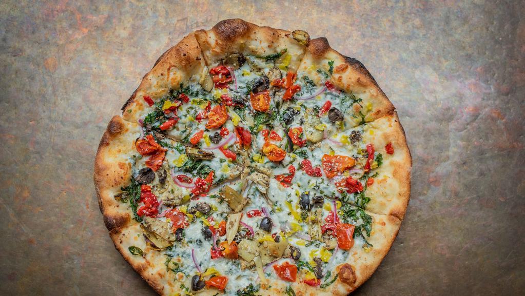 *Greek Pizza (Gluten Intolerant) · Fire roasted artichokes, garlic, roasted peppers, spinach, red onions, black olives, feta, mozzarella and fresh lemon.