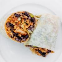 Chicken Burrito · Burrito stuffed with rice, beans, cllantro, tomatoes, onion, green salsa, and grilled chicke...