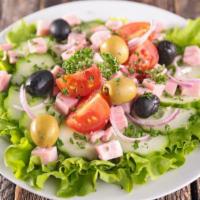 Chef'S Salad · Fresh salad made of ham, turkay breast, loeberg lettuce, various greens, cheese, tomatoes, r...