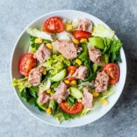 Tuna Salad · Fresh salad made of iceberg lettuce, various greens, cheese, tomatoes, red onions, hard boil...
