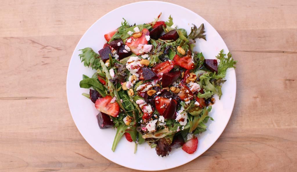 Beet Salad · Organic mixed greens, marinated beets, goat cheese, pistachios, & fresh strawberries ,dressed withbalsamic vinaigrette, fig reduction