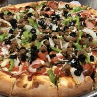 Ciro'S Supreme · Bacon, pepperoni, mushrooms, olives, tomatoes, bell peppers, onion sausage topped with extra...