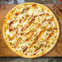 Garlic Chicken Pizza  · Creamy garlic sauce, healthy portion of chicken, red onions, mozzarella cheese, cheddar chee...