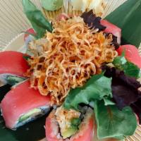 Beshock Roll. · Snow crab, avocado, tempura asparagus, tuna, fried onion and spring mix with yuzu sauce and ...