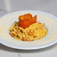 Chicken Fettucine Alfredo · fettuccine pasta, garlic, grilled chicken, five cheese, butter, cream, olive oil & parmesan