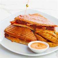 Soujouk Kashar Panini · grilled soujouk sausage, melted five cheese & mild pepper paste on ciabatta