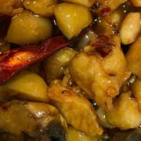 Kung Pao Chicken · White meat chicken with mushroom,water chestnuts,peanuts,with spicy Kung Lao sauce