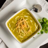 Crema De Chile Poblano · Gluten-free. Our signature soup with our signature flavor. Chile poblano and cilantro give t...