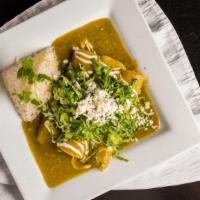Enchilada Verdes · Three enchiladas stuffed with shredded chicken, grilled onions, roasted poblano peppers. Wit...