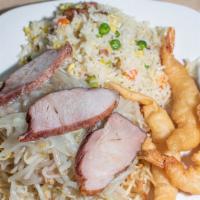 Combination Plate #1 · Pork chow mein, fried shrimp and pork fried rice.