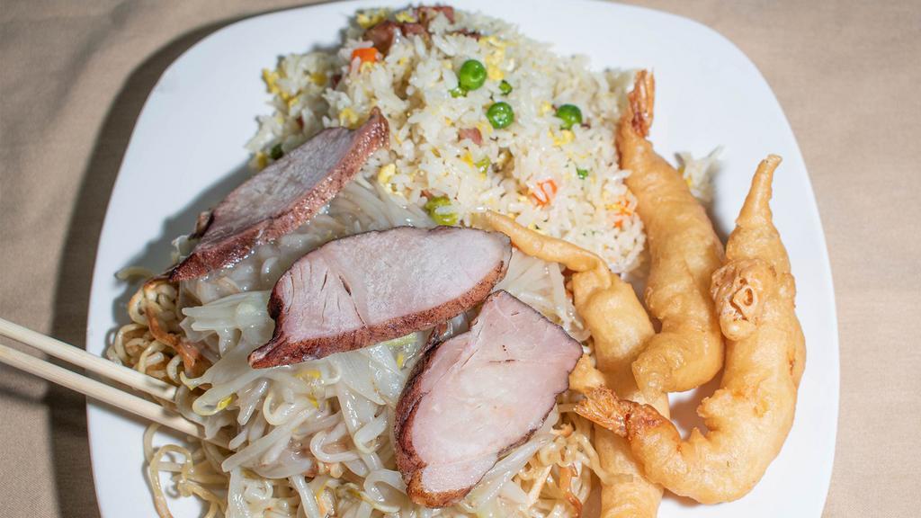 Combination Plate #1 · Pork chow mein, fried shrimp and pork fried rice.