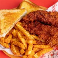 Chicken Tenders · Three chicken tenders with a side of toast, slaw, plus secret sauce and fries.