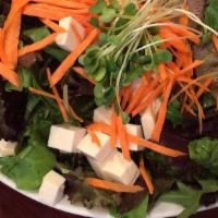 Tofu Salad · Vegetarian. Tofu, radish sprouts, carrots, green mix, tomato with house ginger dressing.