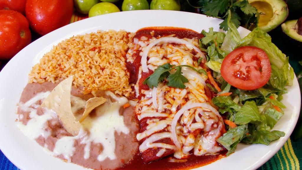 Two Enchiladas (Combo) · Two enchiladas  with your choice of meat, topped with cheese. Side of rice and beans.
