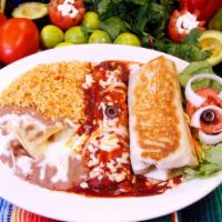 Enchilada & Burrito (Combo) · One enchilada and one burrito with your choice of meat, a side of rice and beans.