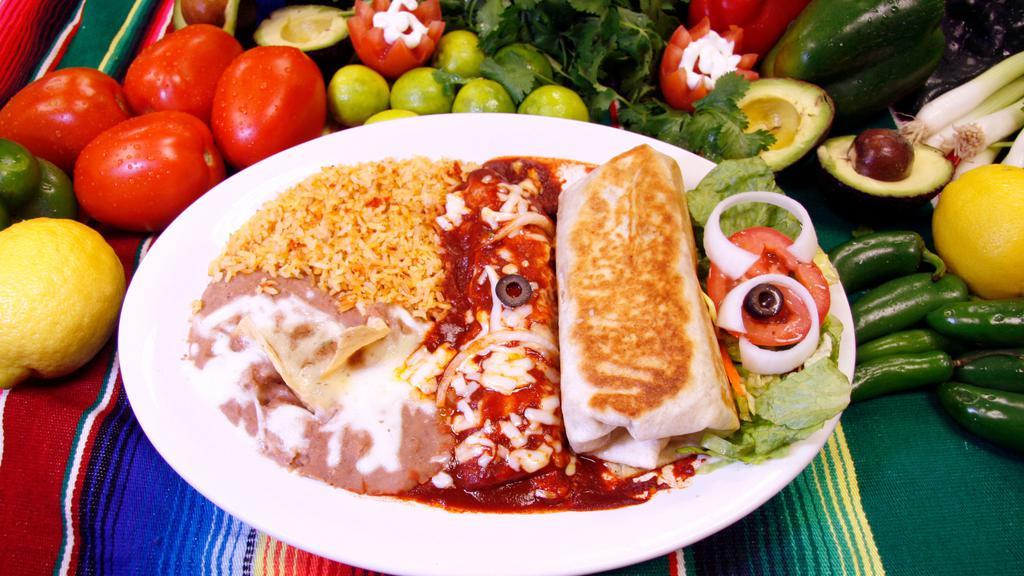 Enchilada & Burrito (Combo) · One enchilada and one burrito with your choice of meat, a side of rice and beans.