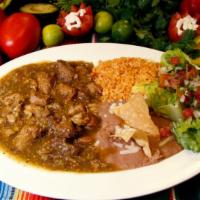 Chile Verde (Combo) · Pork in Spicy Green Salsa, with a side of rice, beans, and tortillas.