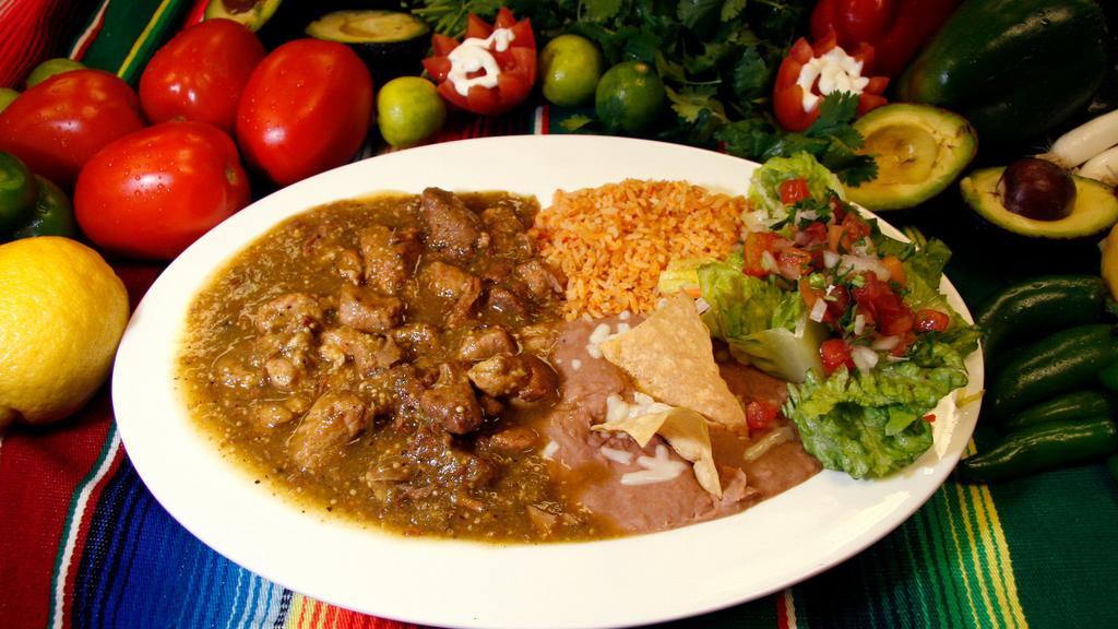 Chile Verde (Combo) · Pork in Spicy Green Salsa, with a side of rice, beans, and tortillas.