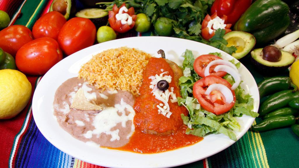 Chile Relleno (Combo) · Chile Relleno with a side of rice, beans and tortillas.