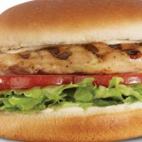 Grilled Chicken Sandwich · Four ounces grilled chicken breast stacked with our house sauce, bbq sauce, lettuce, and tom...