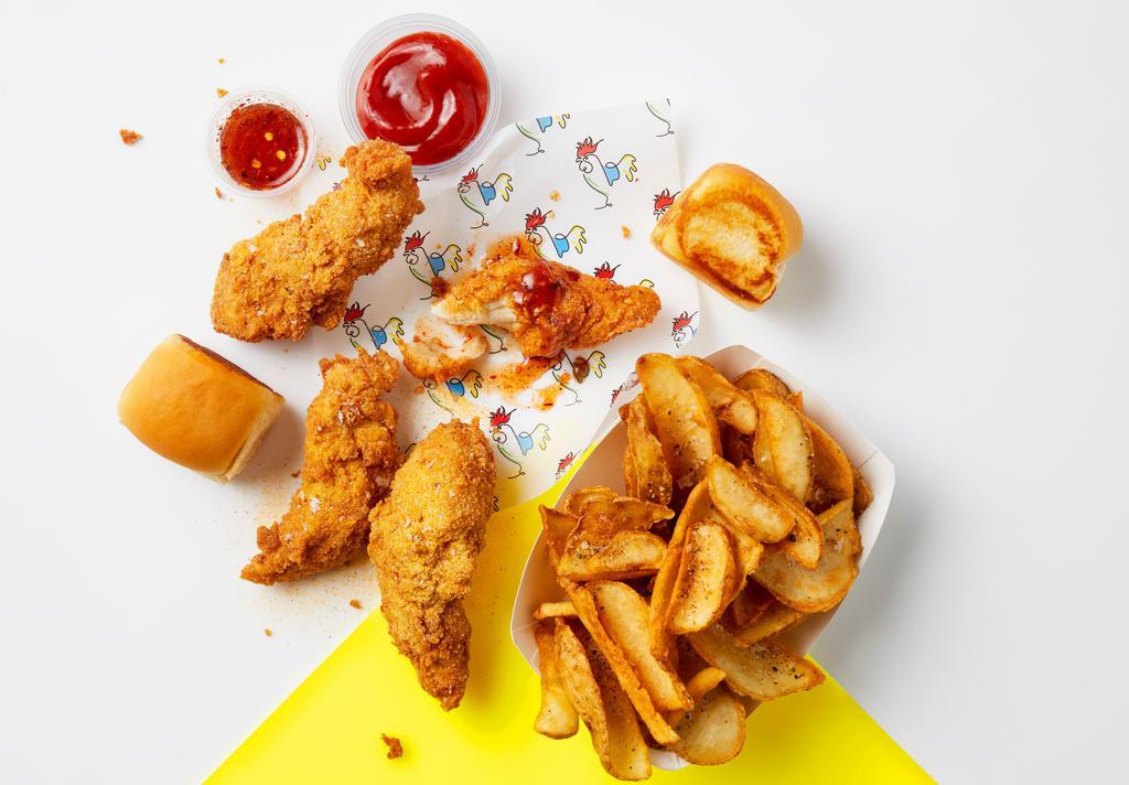 Cooler Ranch Combo Bucket · 4 hand breaded chicken tenders dusted with Ranch seasoning. Side of dipper fries with Ranch seasoning, 2 buttered rolls, Hot Honey drizzle, Smoky BBQ sauce, and classic ketchup.