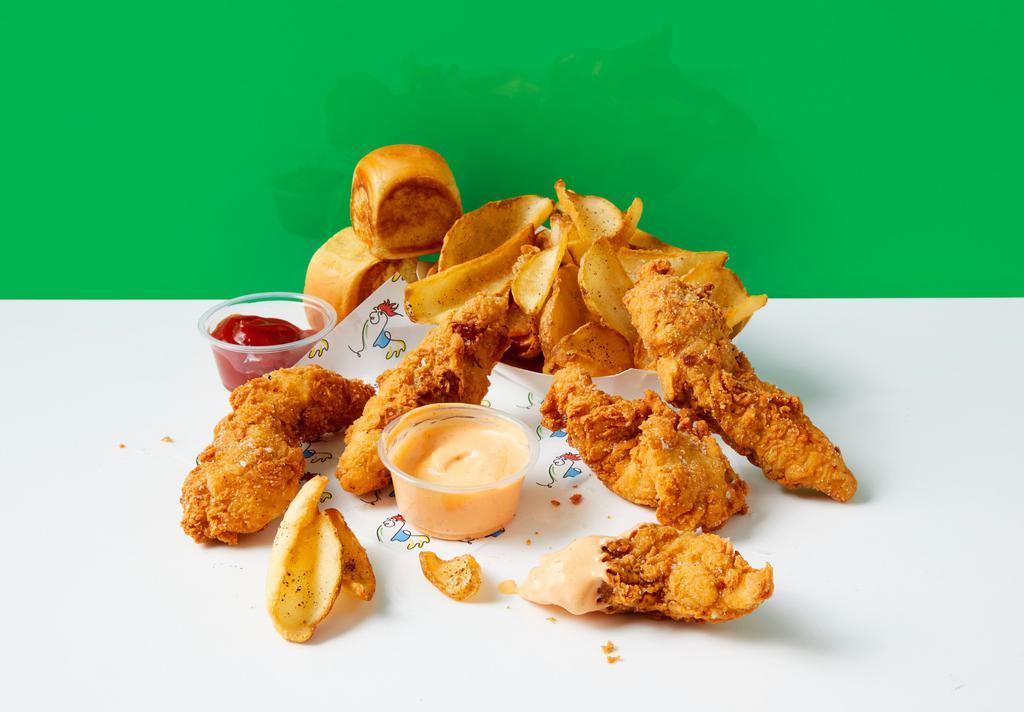 The 5-Piece Byo Combo Bucket · 5 hand breaded chicken tenders dusted with a seasoning of your choice. Side of dipper fries with seasoning of your choice, 2 buttered rolls, choice of dipping sauce or honey drizzle, and classic ketchup